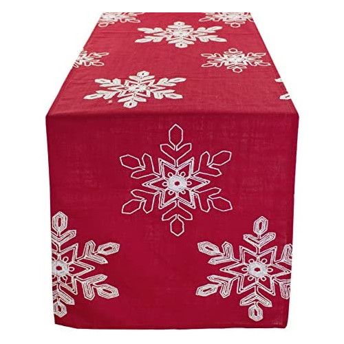 Fennco Styles Embroidered White Snowflake Christmas Table Runner 16 x 108 Inch - Red Table Cover for Holiday Décor Dinner Party Banquets and Special Occasion