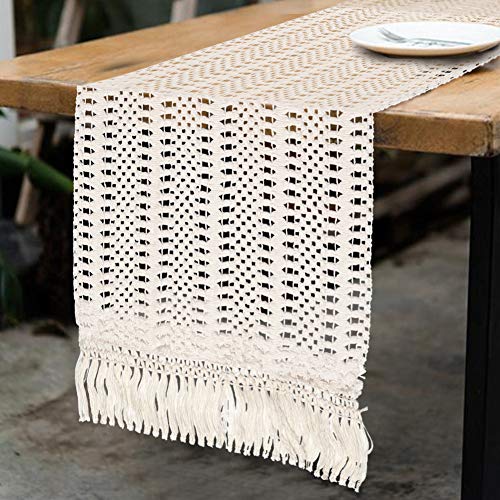 AerWo Boho Macrame Table Runner with Tassels Cotton Crochet Lace Wedding Moroccan Woven Table Runner for Bohemian Rustic Wedding Table Decorations Bridal Shower Dinner Tabletop Decor 12 x 108 Inch