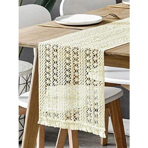 BOXAN 12" x 108" Macrame Table Runner with Tassels Vintage Wedding Crochet Lace Fringe Table Runner Overlay for Rustic Wedding Bridal Shower Decoration Boho Farmhouse Home Dining Table Linen Decor