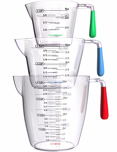 Vremi 3 Piece Plastic Measuring Cups Set - BPA Free Liquid Nesting Stackable Measuring Cups with Spout and Decorative Red Blue and Green Handles - includes 1 2 and 4 Cup with Ml and Oz Measurement
