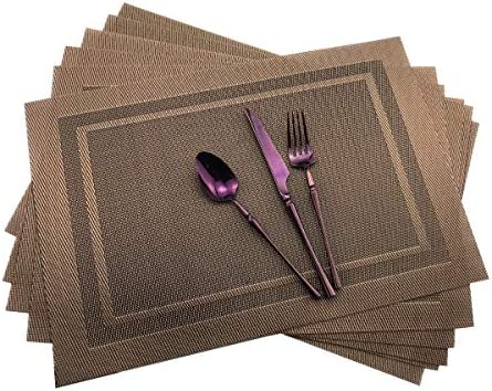 Gugrida Place Mats PVC Set of 6, Table Placemats Set of 6 PVC Washable Woven Vinyl Place Mats Heat Insulation Top Meal Mat Table Mats Natural Color (6 pcs, Purple Leaves)
