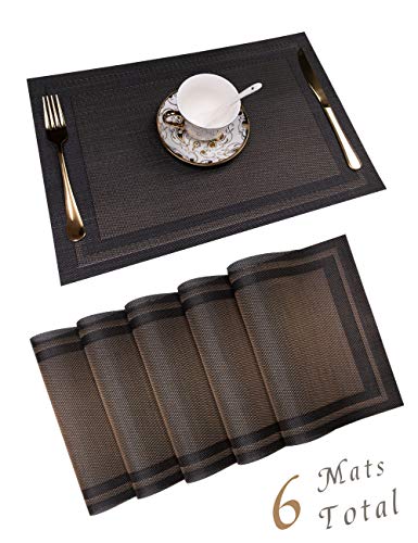 Table Mats,Non-Slip Washable Heat-Resistant Placemats Stain Resistant Anti-Skid Washable PVC Table Mats Woven Vinyl Placemats,Kitchen, Set of 6 (B Black)