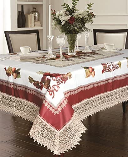 Violet Linen Decorative Printed Fruttela Tablecloth Lace Trimming Burgundy 70" x 105"