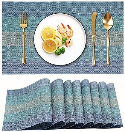 Candumy 블루 Placemats Kitchen Table 세트 8,Heat Stain Non Skid Insulation Crossweave Woven Textilene Vinyl PVC Washable Tablemats Dinner