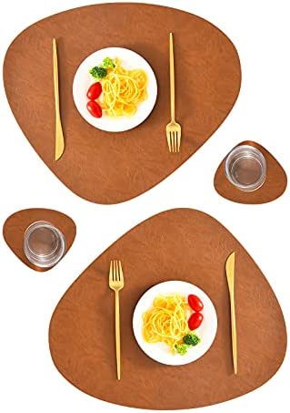 SUBEKYU 가죽 Placemats Coasters 세트 Washable Round Table Mat 방수 Coffee Mats Heat-Resistant Place Kitchen Dining Black