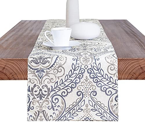 JINCHAN Linen Textured Tablecloth for Kitchen Jacobean Floral Printed Kitchen Tablecloth Linen Textured Kitchen Table Cover (1 Panel 13 W x 55 L Blue on Beige)
