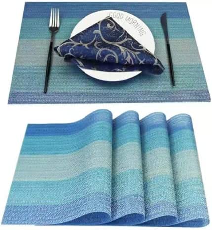 WANGCHAO Placemats Dining Room Table Mats Woven Vinyl Washable Durable Heat-Resistant Non-Skip Kitchen Strip PVC Sky 블루 세트 8