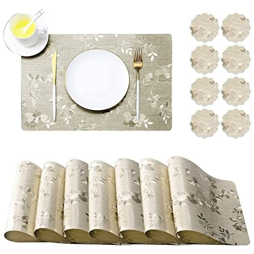 DUOFIRE Vinyl Placemats Washable PVC Kitchen Table Mats Flower Light Gold- 세트 8