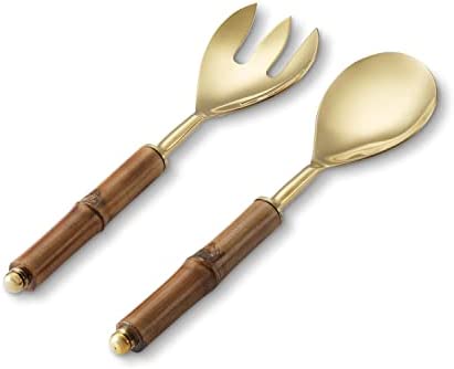 Folkulture Serving Utensils Modern Cooking 스테인레스 스틸 Kitchen Salad Servers Tongs 12-Inch Spoon Fork 세트 Gravies Pasta Gold/Brass Finish