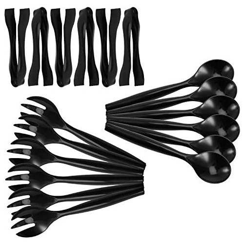 세트 18 - Heavy Duty Disposable Plastic Serving Utensils Six 10&rdquo Spoons Forks 6-1/2&rdquo Tongs Black