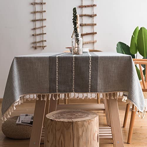 ColorBird Farmhouse Tablecloth Stitching Tassel Heavy Weight Cotton Linen Table Cloth Fabric Wrinkle Free Washable Table Cover for Kitchen Dinning Tabletop Decor (Square, 55 x 55 Inch, Grey)