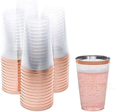 100 Gold Plastic Cups 9 oz Hard Disposable Cups Plastic Wine Cups Plastic Cocktail Glasses Plastic Drinking Cups Bulk Party Cups Wedding Tumblers Clear Plastic Cups With Gold Rim