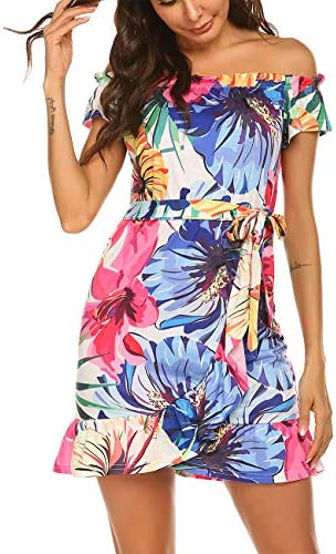원피스 Sweetnight 여성 Casual Off Shoulder Floral Dresses Summer Tropical Hawaiian 미니 Beach
