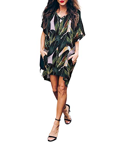BELONGSCI Womens Casual Dress Short Sleeve V-Neck Pocketed Loose T-Shirt Dress Oversized Dress Shift Dress