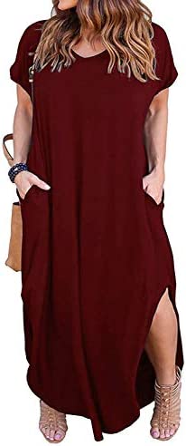 Nemidor Womens Casual Loose Pocket Long Dress Short Sleeve Plus Size Slit Maxi Dress
