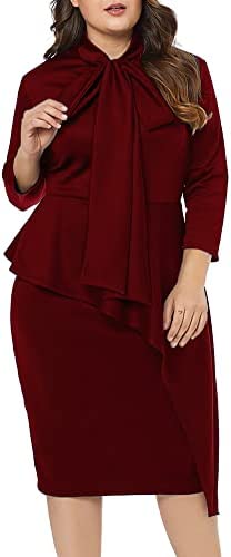 LALAGEN Womens Plus Size Long Sleeve Peplum Tie Neck Bodycon Pencil Midi Dress