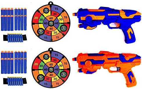 Fstop Labs 2 Pack Foam Hand Gun Toy Blaster Gun Compatible with Nerf Guns with 2 Foam Dart Wrist Band and 30 PCS Refill Soft Foam EVA Darts