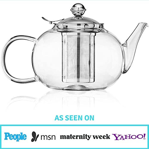 Glass Teapot Kettle with Stainless Steel Infuser - Stovetop Safe - Blooming and Loose Leaf Tea - Large Capacity 1200ml/40oz
