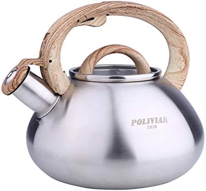 Poliviar Tea Kettle 2.7 Quart Natural Stone Finish with Wood Pattern Handle Loud Whistle Food Grade Stainless Steel Teapot Anti-Hot Handle and Anti-Rust Suitable for All Heat Sources JX2018-GR20