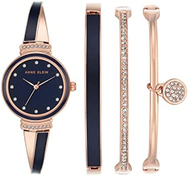 Anne Klein 여성 AK/2716RNST Swarovski 크리스탈 Accented Rose Gold-Tone Navy 블루 Watch Bangle Set