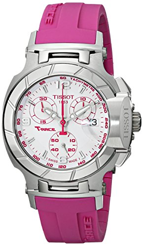 Tissot 여성 T0482171701701 T-Race White Dial Pink Silicone Strap Watch