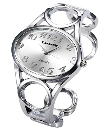 Top Plaza 여성 패션 실버 Tone Circle Band Arabic Numeral Scale Bangle Cuff Dress Bracelet Watch - Valentines Day Gift