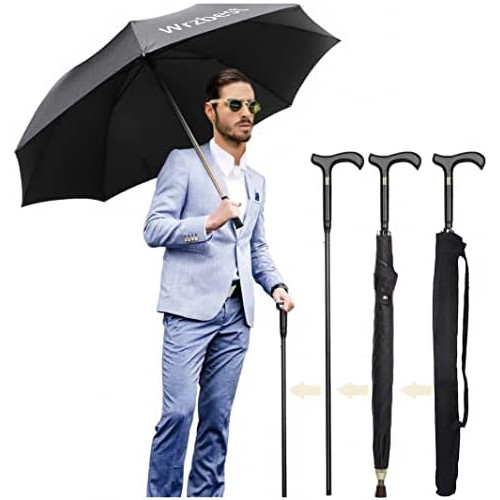 골프우산 Wrzbest 2-in-1 Walking 스틱 Umbrella - Windbreak Ribs Cane Crutch Heavy Duty Solid Tungsten Steel Ideal Fathers 선물 Climbing Hiking Hanging Out on Raining