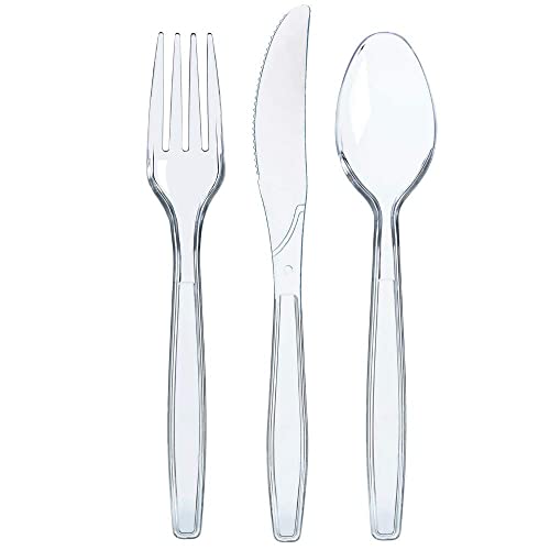 600 클리어 Plastic Silverware 세트 Disposable Utensils 300 Forks 200 Spoons 100 Knives Cutlery Heavy Duty Bulk Flatware Set