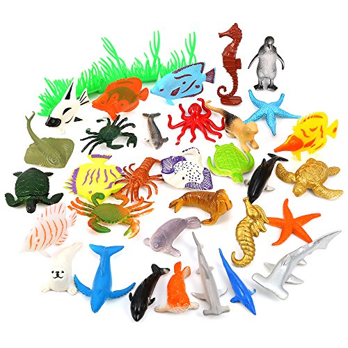 Auihiay 36Piece Ocean Sea Animals Assorted 미니 Vinyl Plastic Animal 토이 세트 Realistic Under Life Figure Bath Child Educational
