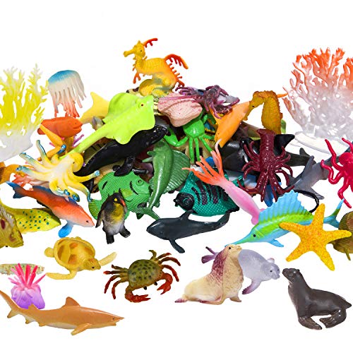 Ocean Sea Animals Figures 60팩 미니 Plastic 딥 Underwater Life Creatures 세트 STEM Educational Shower Bath 토이 선물 Baby Toddler Cupcake Toppers Party Supplies Turtle Octopus Shark