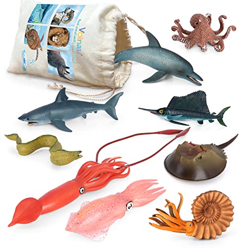 Volnau Sea Creature 토이 9PCS Pacific Ocean Animal Figurines Shark Toddlers 어린이 Christmas 생일 선물 Plastic Fish Preschool팩 Bath Dolphin Sets