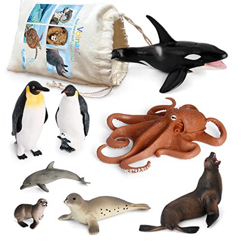 Volnau Sea Creature 토이 8PCS Antarctica Ocean Animal Figurines Toddlers 어린이 Christmas 생일 선물 Plastic Fish Preschool팩 Bath Penguin Killer Whale Figures Set