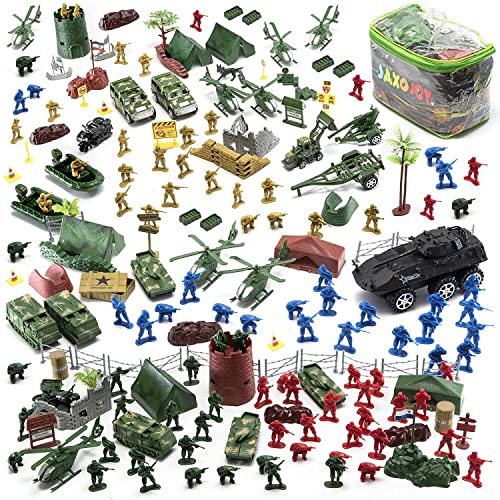 JaxoJoy 200-Piece 아미 Men Military 세트 - Cool 미니 Action Figure Play w/ Soldiers Vehicles Aircraft & Boats Pretend WWII Base 토이 Figurines Boys