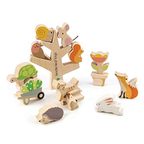 태엽장난감 Stacking Garden Friends 14 Piece Wooden Balancing 토이 & Educational Game FREE TRAVEL BAG- STEM Toy- Early Learning - Develops Strategic Thinking Fine Motor Skills 어린이 18+ Months