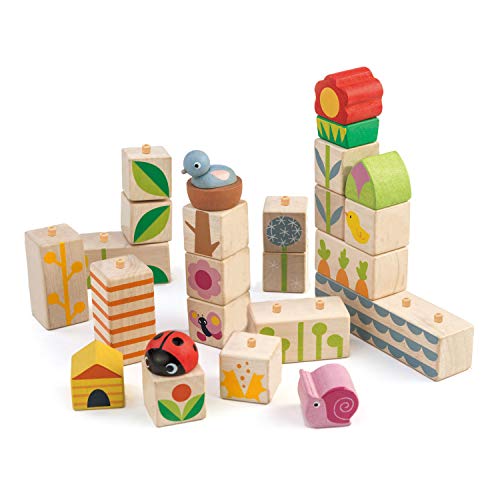 태엽장난감 Tender Leaf 토이 - 24 Piece Garden Themed Push & Click Stacking Blocks Developmental Animal Nature Graphics Develops Strategic Thinking Fine Motor Skills 어린이 18 Months +