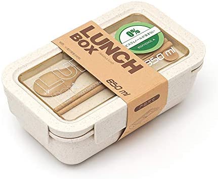 도시락 런치 박스 상누락 방지 850ml 대용량 밀짚 섬유 여성 남자 커트러리 부착 밀짚색