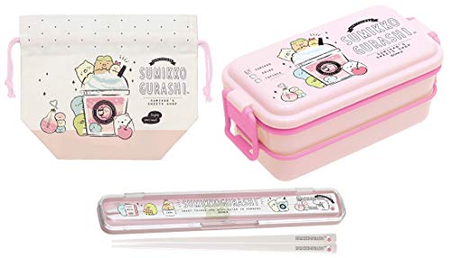 San-X 해결되어 #고#등하며 # 젓는등하며 스위트 숍 Sumikkogurashi SWEETS SHOP 법랑풍2단 도시락 젓가락/수저통 세트 런치 건착 박스 3점