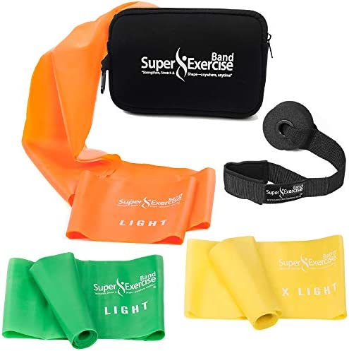 Super Exercise Band USA 7 ft. Long Resistance Bands 세트 3. Plus Door Anchor E-Book Zipper Pouch. Light Medium Heavy Strength 체육관 Physical Therapy Yoga Pilates Rehab Chair Workouts.