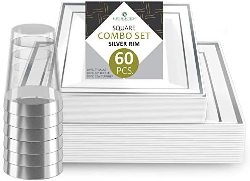 Elite Selection Pack of 25 White Salad / Dessert 7.5-Inch Disposable Party Plastic Plates With Silver Rim