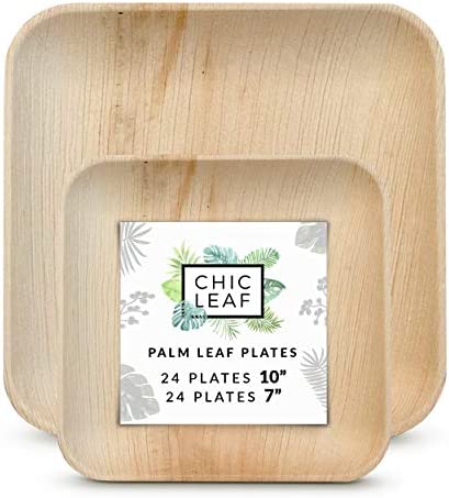 Chic Leaf Palm Leaf Plates Disposable Bamboo Plates Like 10 Inch & 7 Inch Square Party Pack (24 Pc) - Compostable Plates and Biodegradable for Wedding - Better than Plastic and Paper Plates