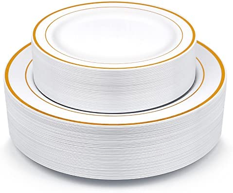 골드 테두리 일회용 파티 접시 140개입  140 Piece Plastic Party Plates White Gold Rim