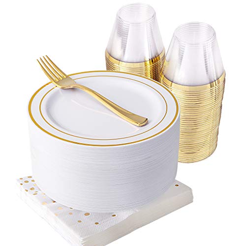 NERVURE 50PCS 골드 Dessert Plates 7.5" Forks Cups 9OZ Napkins 세트 Wedding Party Plastic Plates,Fancy Salad Appetizer All Holiday & Occasions Gold