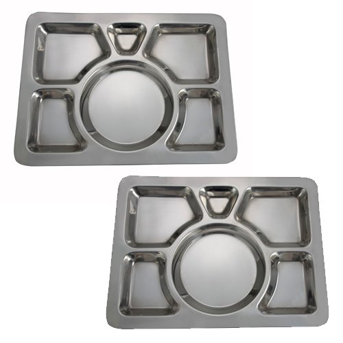 SET OF 2-6 Compartment Cafeteria Food Tray, Cafeteria Eating Mess Tray - Stainless Steel