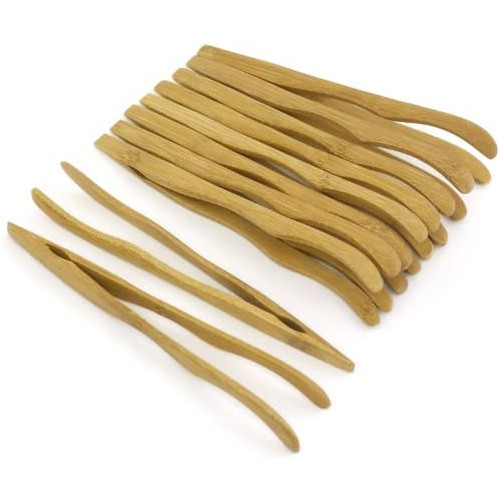 7" Reusable Bamboo Tongs Curved Arms Carbonized Brown - BambooMN 10 Pieces Toast