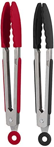 Tovolo 61-26995 미니 스테인레스 스틸 Tongs Grip 7" Silicone & Easy Lock Mechanism Serving Salad Ice 세트 2 Red Black
