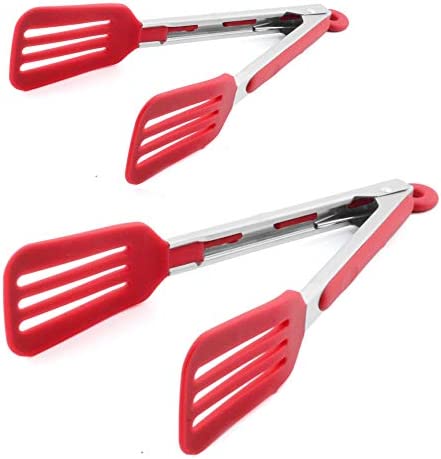 STARUBY Kitchen Tongs 9 inch 12 Fish 스테인레스 스틸 Cooking Silicone Buffet Serving 히트 Resistant Meat Turner Spatula Locking Handle Joint Red