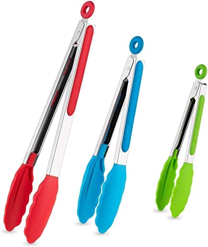 DAILY KISN Kitchen Tongs 세트 3 스테인레스 스틸 Silicone Tips Cooking Barbecue BBQ Grill Multicolor