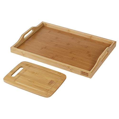 Jubykitchenware Bamboo Tray Bonus Cutting Board - Breakfast Lunch Dinner Wooden Serving Trays Coffee Table Ottoman Bed Durable Decorative Kitchen Bathroom Vanity Drawer Organizer