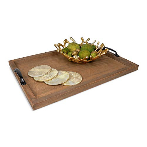 Large Wood Ottoman Serving Tray w/Handles - Decorative Centerpiece - Coffee Table Decor - Dinner/Food/Bar Trays - Modern Dining Room/Living/Kitchen Server centerpieces - Extra Large (Brown)
