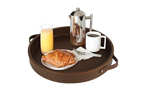 Gurfuy Round Decorative Tray for Coffee Table Home Decoration Tray with Handles Kitchen & Bedroom & Living Room PU Leather (14.6 inches Brown)
